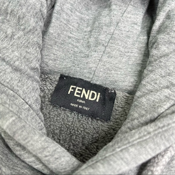 RARE Fendi Shearling Velcro Logo Cotton Pullover Furry Lined Grey Hoodie Sweater - Picture 3 of 16